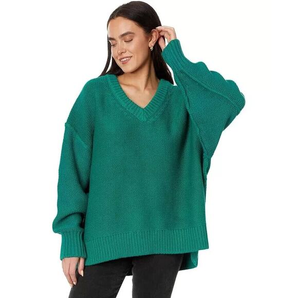 New Free People Sweater Womens Small Alli V-Neck Green Pull Over Moutain View - Picture 1 of 8